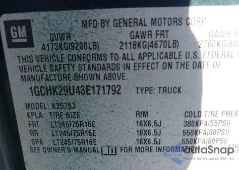 2003 Chevrolet Silverado 2500Hd Ls из США, поврежденный, VIN 1GCHK29U43E171792